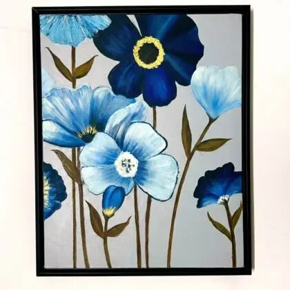 Close-up detail of textured blue floral Original oil painting on canvas encased in a black floating frame