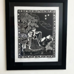 Radha Krishna black and white woodcut print framed wall art