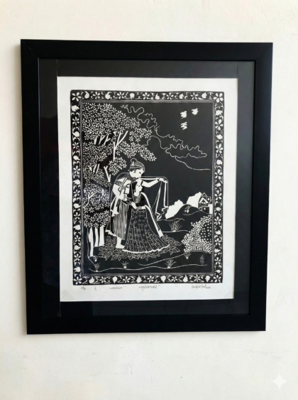 Radha Krishna black and white woodcut print framed wall art