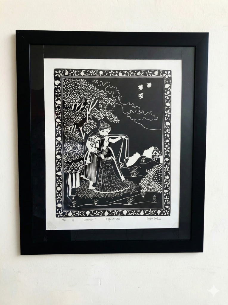 Radha Krishna black and white woodcut print framed wall art