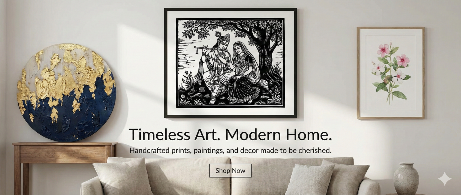 Hoot & Hue home page banner featuring Radha Krishna woodcut print, round gold and navy textured art, and botanical flower painting on a gallery wall above a beige sofa.
