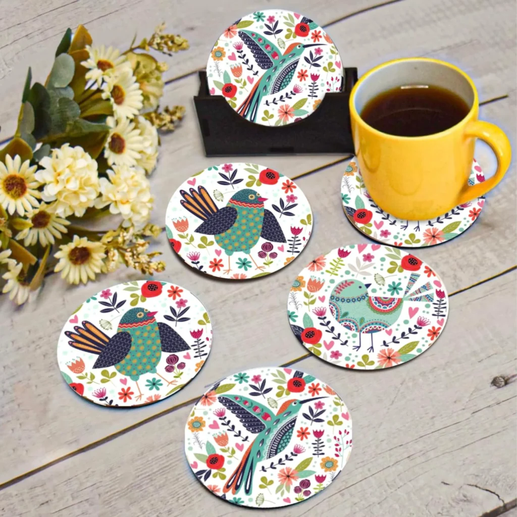 Whimsical Floral & Bird Designs Wooden Tea Coasters - HOOT & HUE