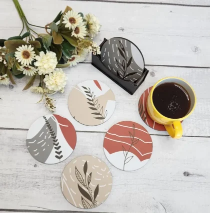 boho-floral-leaf-coaster-set-lifestyle-coffee-cup-white-wood