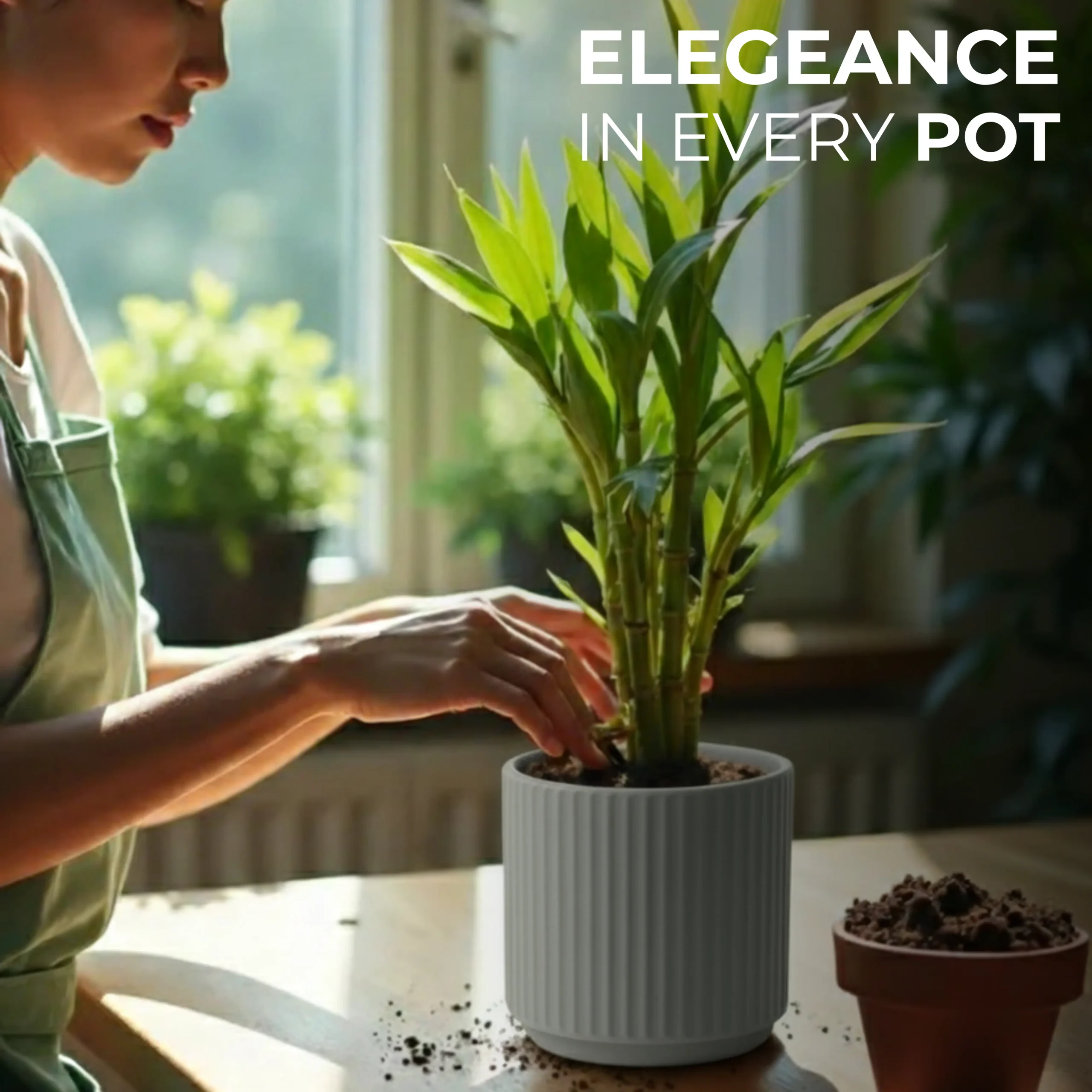 Elegant grey ndoor-planter with bamboo