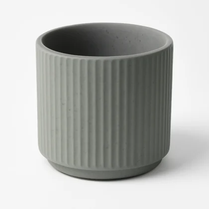 Grey ribbed ceramic plant pot front view