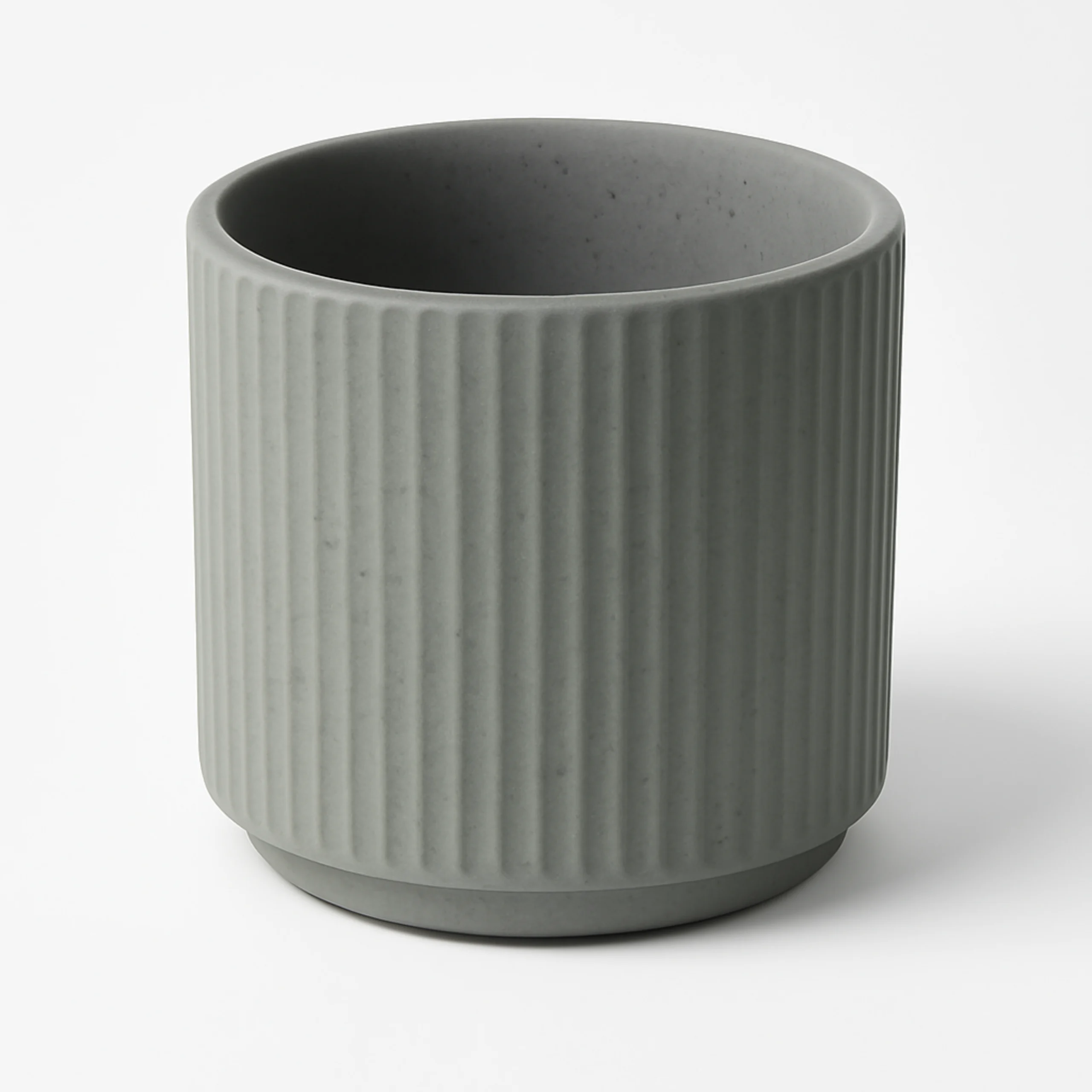 Grey ribbed ceramic plant pot front view