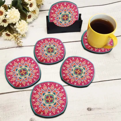 Vibrant Mandala Wooden Tea Coasters