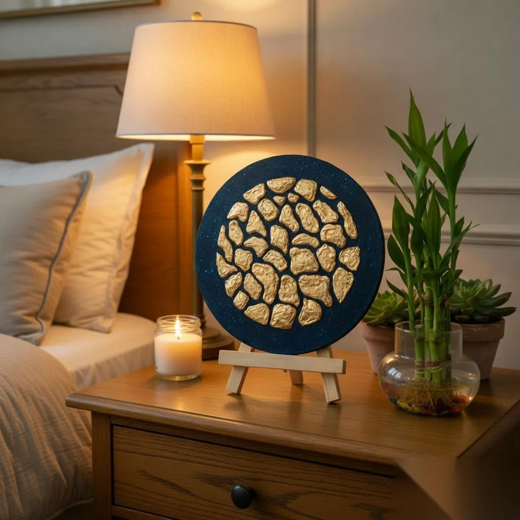 Gilded Midnight gold textured round art styled in a bedroom