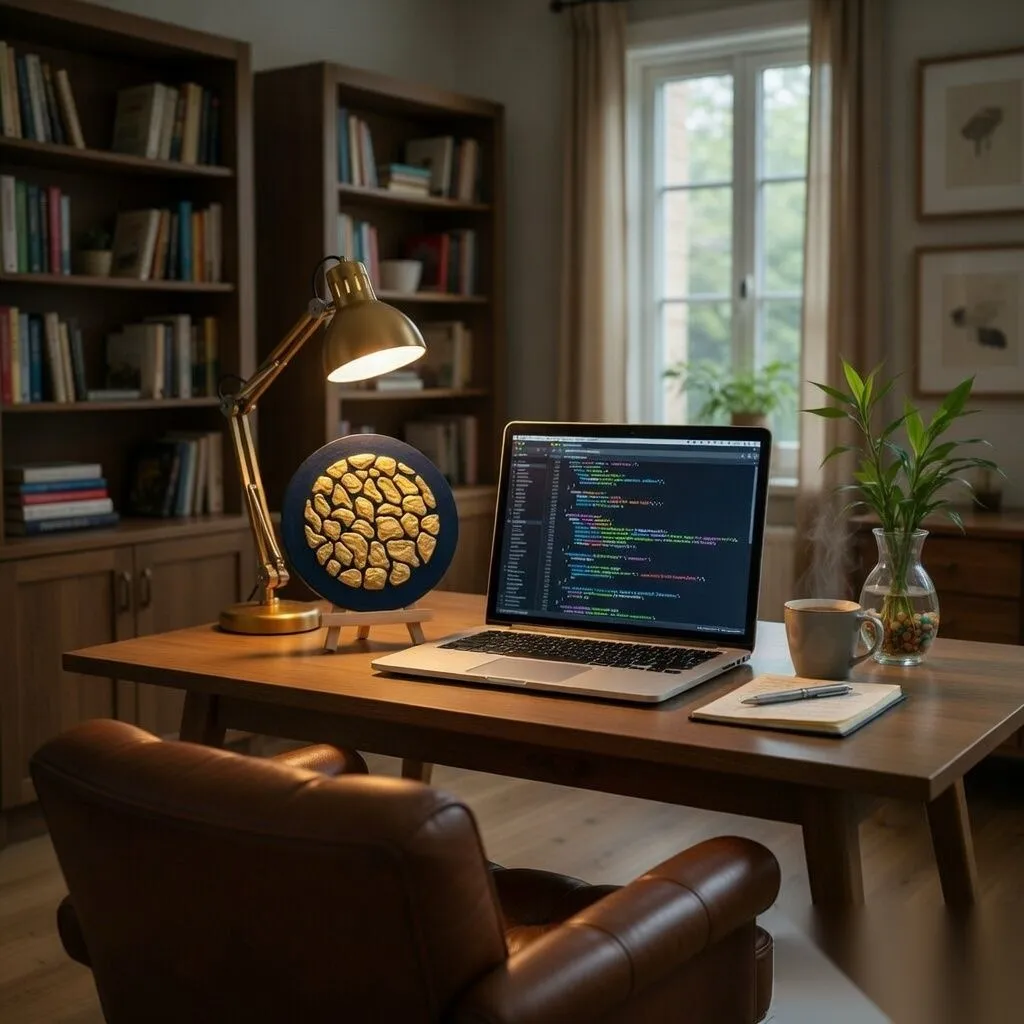 Gilded Midnight gold textured round art displayed on a work desk