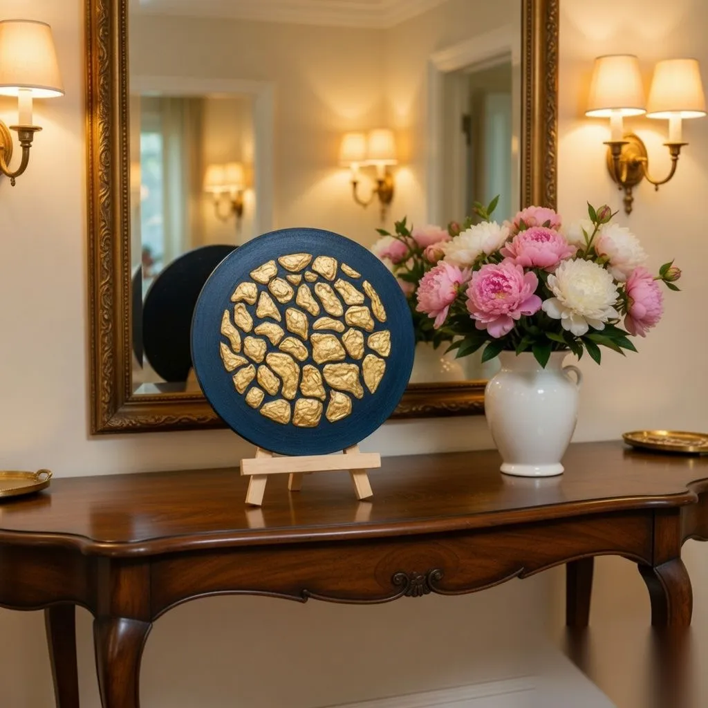 Gilded Midnight gold textured round art styled in an entryway