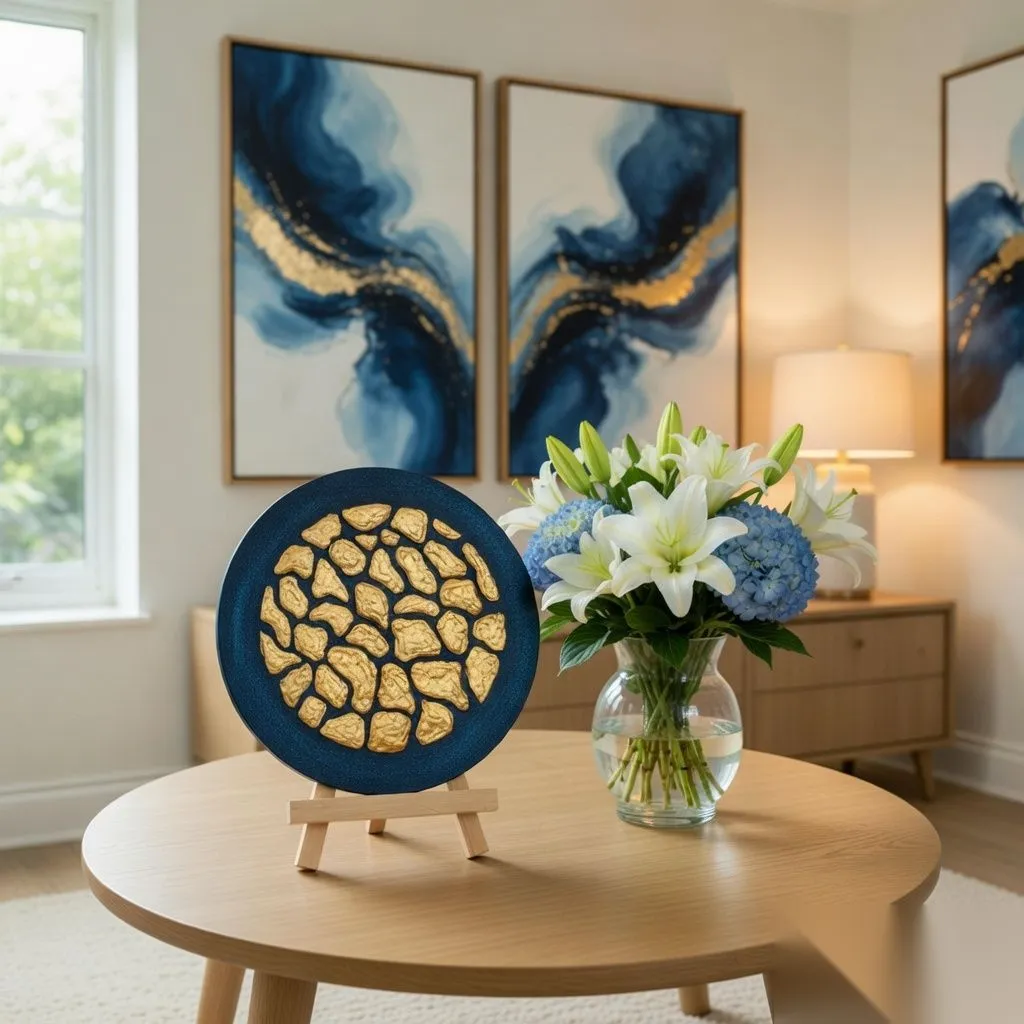 Gilded Midnight gold textured round art styled in a living room