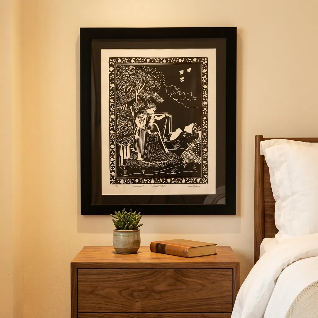 Radha Krishna woodcut wall art above a bedroom nightstand