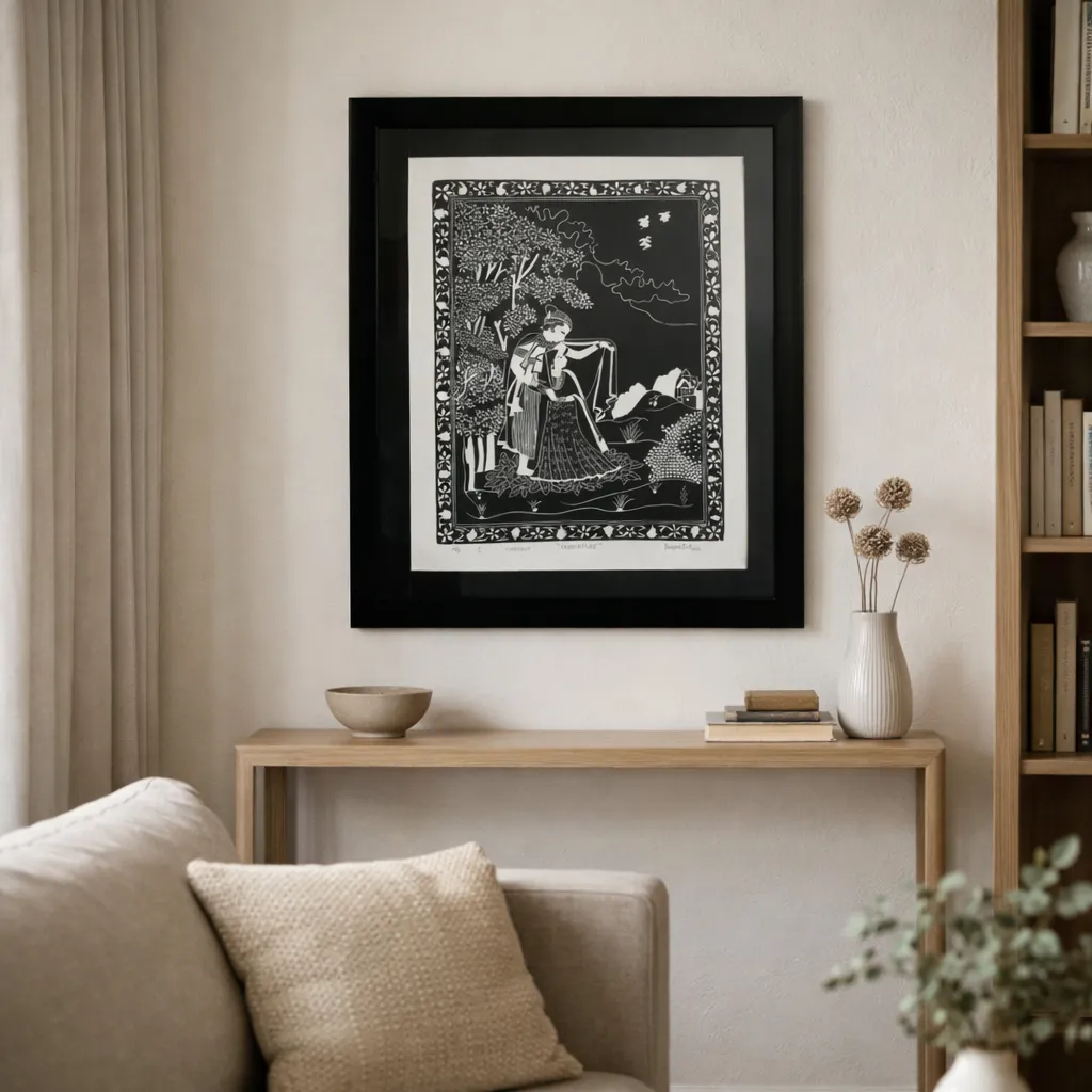 Radha Krishna woodcut print on a console shelf
