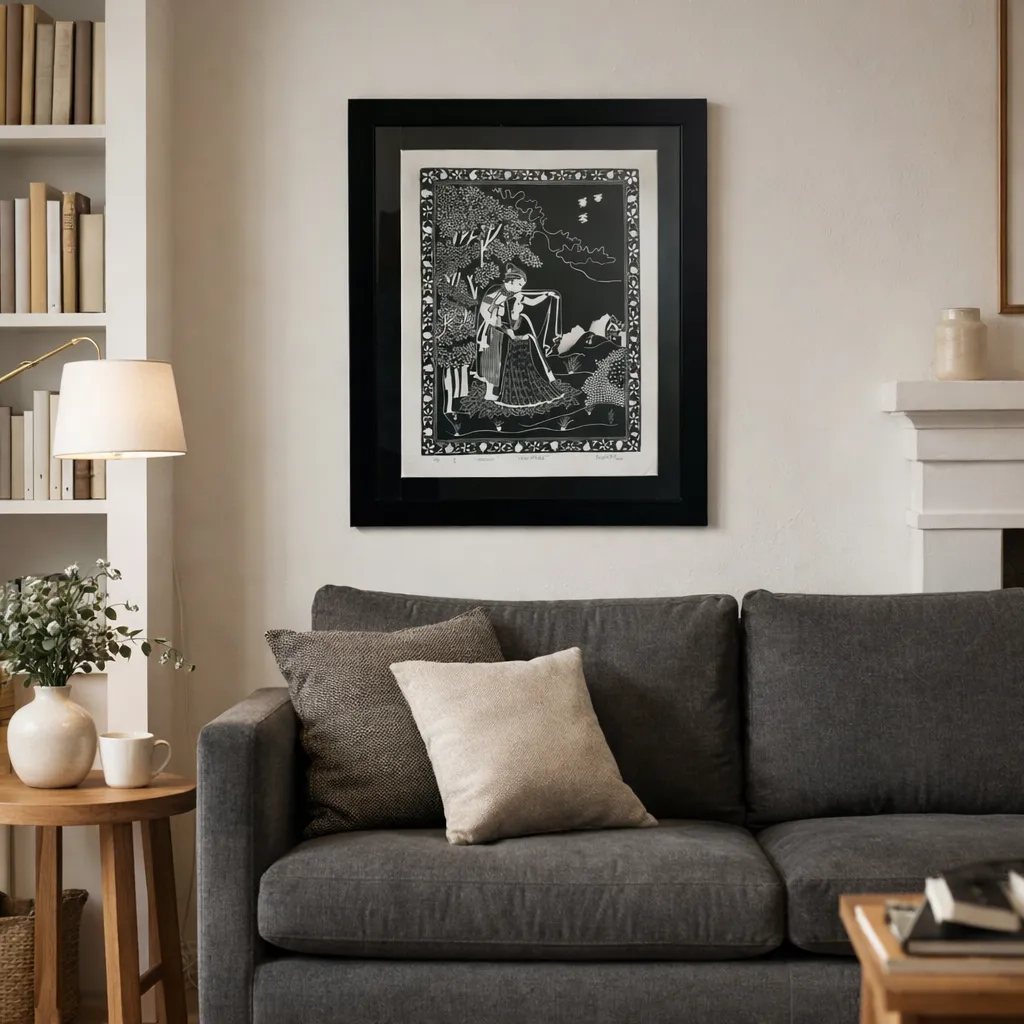 Radha Krishna woodcut print framed in a living room