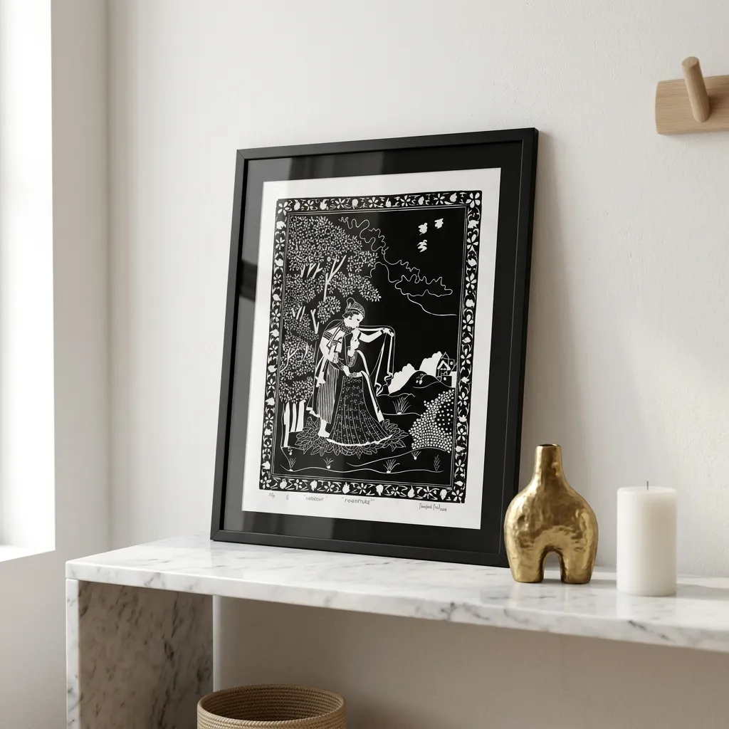 Radha Krishna woodcut print styled on a marble console table
