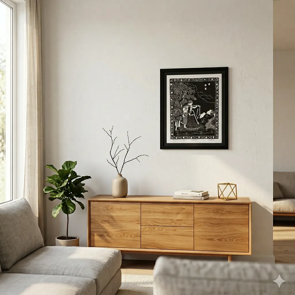 Radha Krishna woodcut print displayed above a sideboard