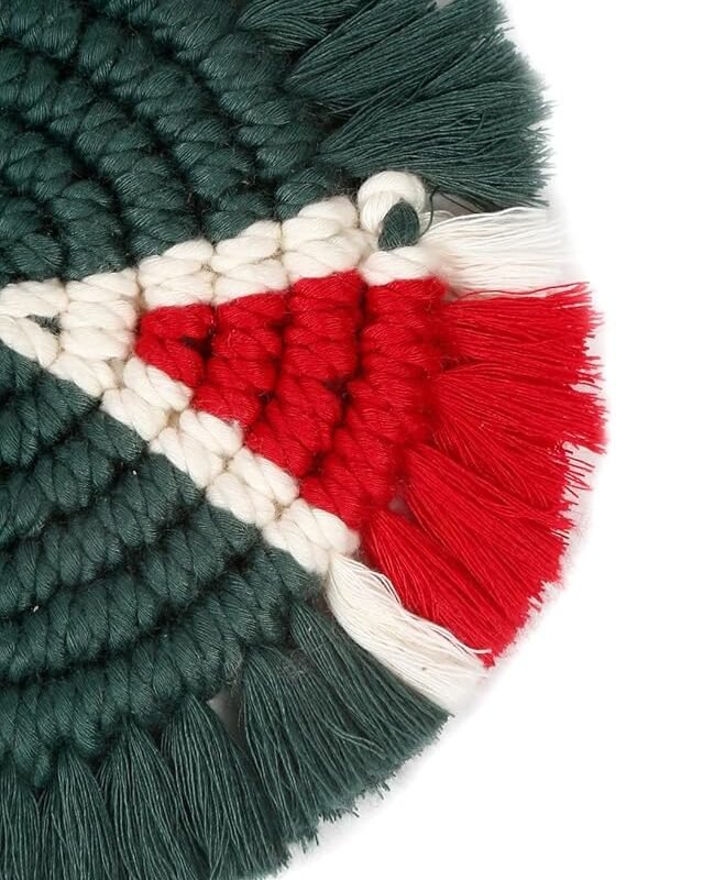 Emerald tribal macrame coaster close-up weave detail