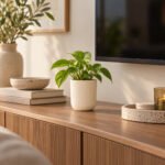 Ivory ribbed ceramic planter with a green indoor plant displayed on a wooden TV console