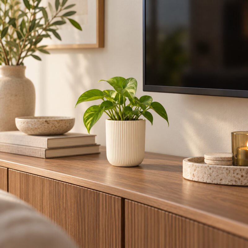 Ivory ribbed ceramic planter with a green indoor plant displayed on a wooden TV console