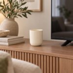 Small ivory ribbed ceramic planter displayed on a wooden TV console