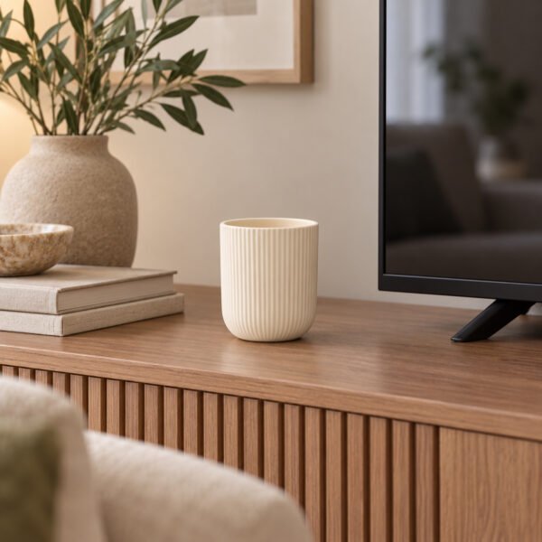 Small ivory ribbed ceramic planter displayed on a wooden TV console