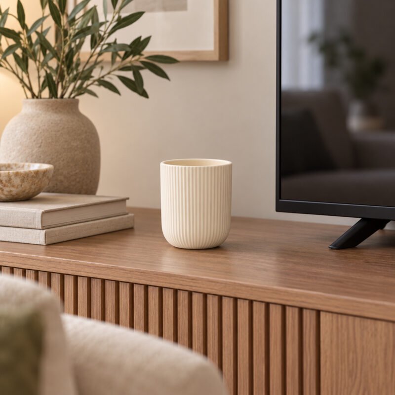 Small ivory ribbed ceramic planter displayed on a wooden TV console
