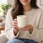 Woman holding a small ivory ribbed ceramic planter to show its compact size