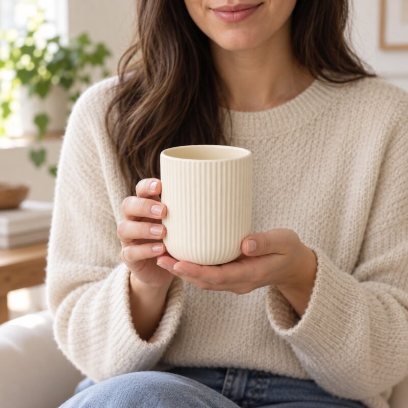 Woman holding a small ivory ribbed ceramic planter to show its compact size