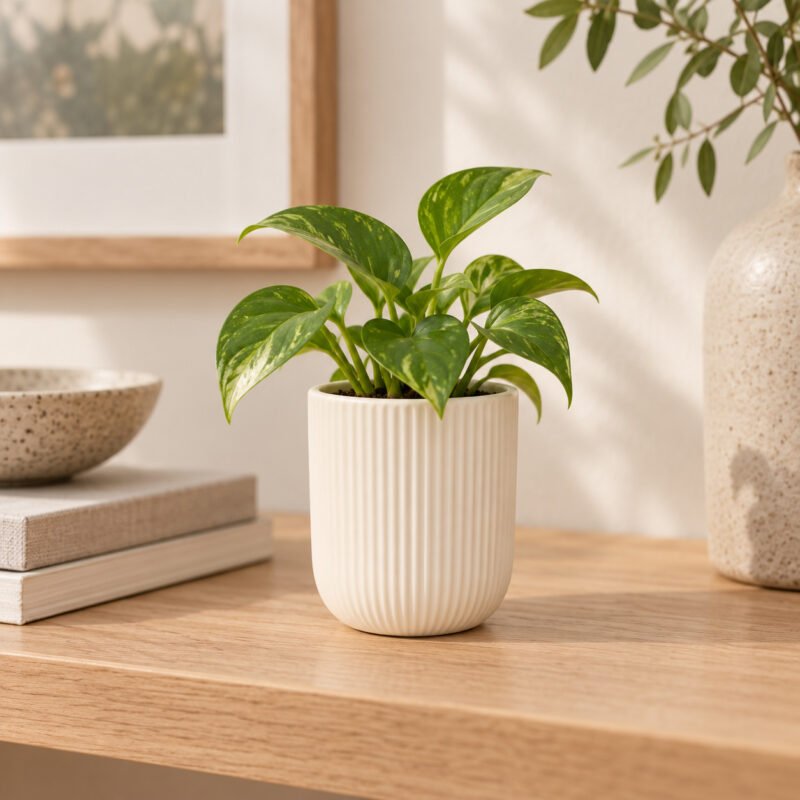 Ivory ribbed ceramic planter with green plant displayed on a wooden tabletop