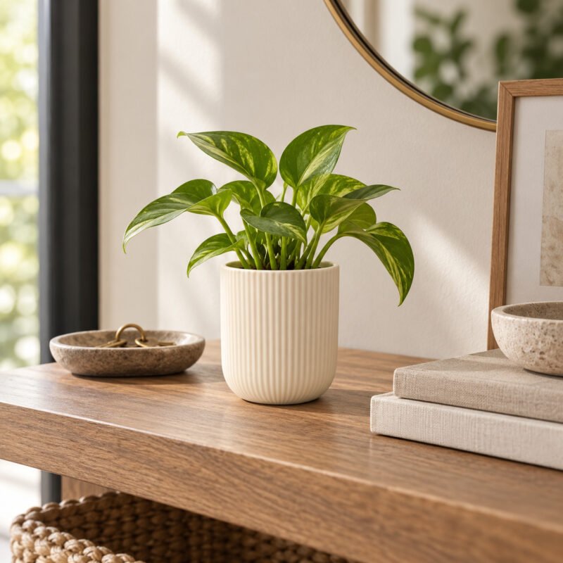 Ivory ribbed ceramic planter with green plant styled on an entrance console