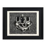 Sacred Ganesha woodcut wall art with black frame front view