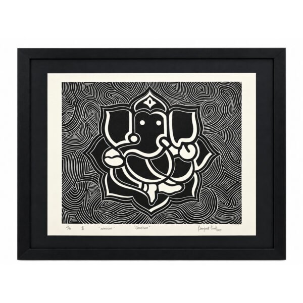 Sacred Ganesha woodcut wall art with black frame front view