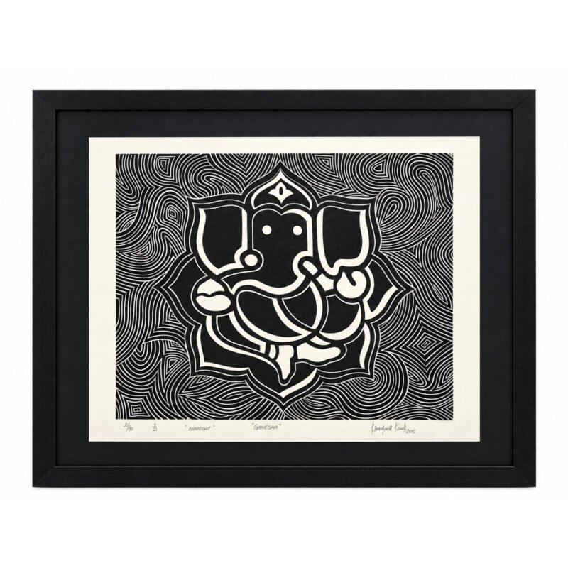 Sacred Ganesha woodcut wall art with black frame front view