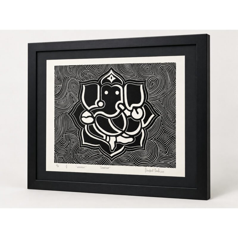 Black and white Ganesha woodcut wall art alternate front view