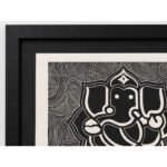 Close-up detail of black and white Ganesha woodcut artwork