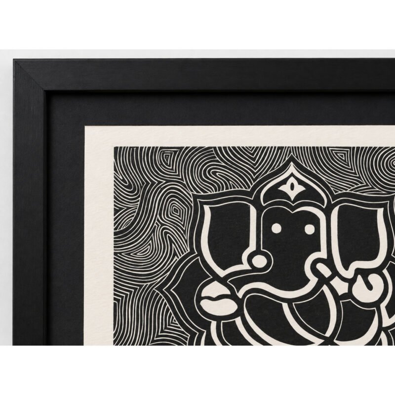 Close-up detail of black and white Ganesha woodcut artwork
