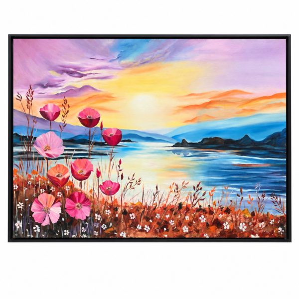 Sunset Bloom hand-painted oil landscape with pink flowers, blue water and mountains