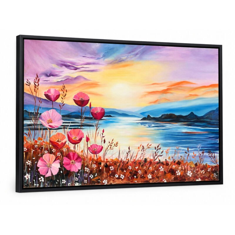 Side angled view of Sunset Bloom hand-painted landscape artwork