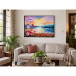 Sunset landscape oil painting displayed on a white drawing room wall