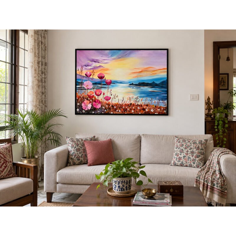 Sunset landscape oil painting displayed on a white drawing room wall