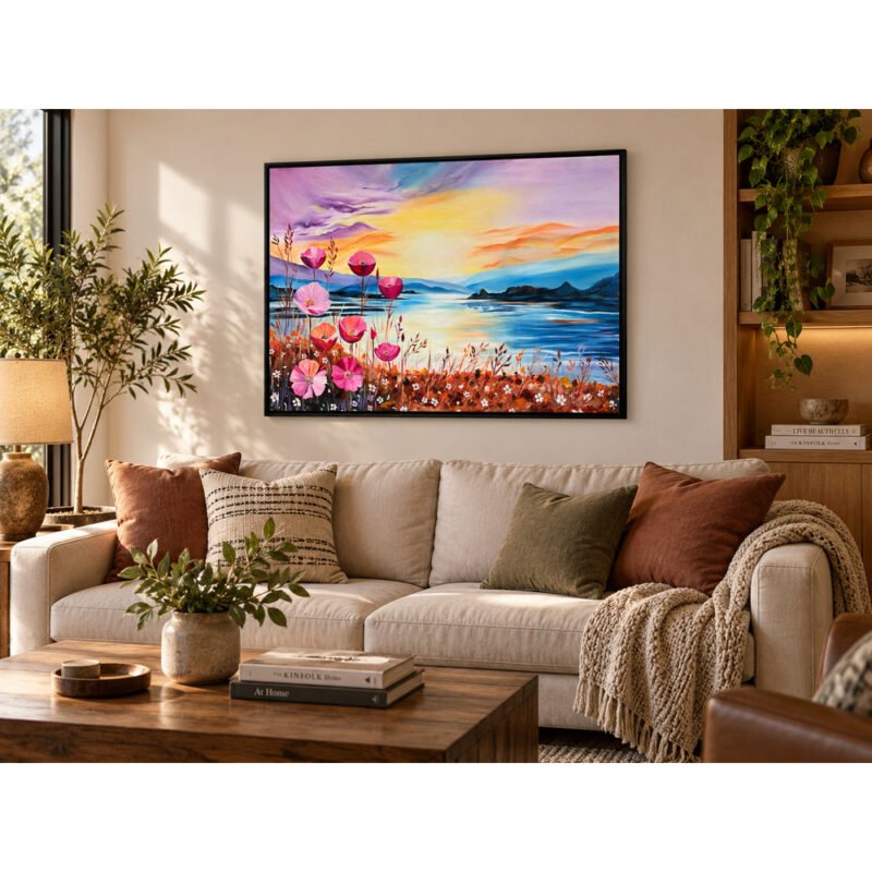 Framed floral sunset oil painting displayed above living room furniture