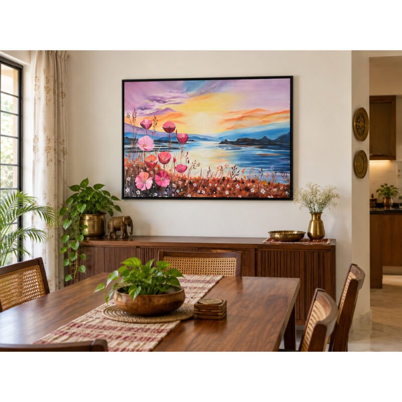 Hand-painted sunset landscape oil painting displayed in modern dining room