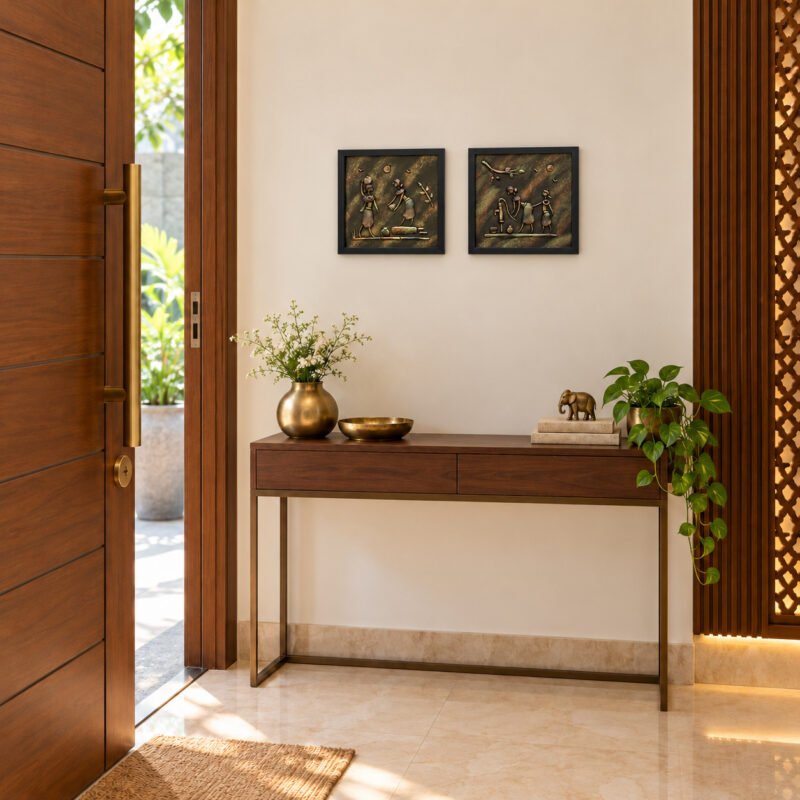 Tribal farming 3D clay wall art set of two displayed above an entrance console