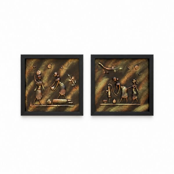 Set of two tribal farming 3D clay wall art panels in matte black frames