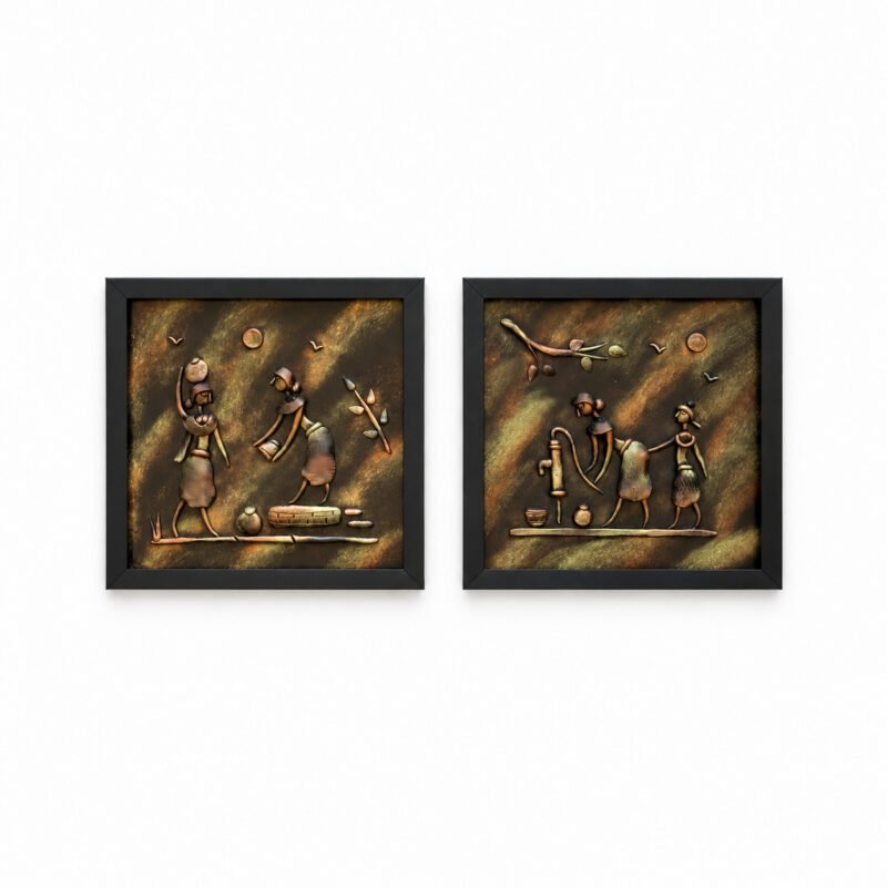 Set of two tribal farming 3D clay wall art panels in matte black frames