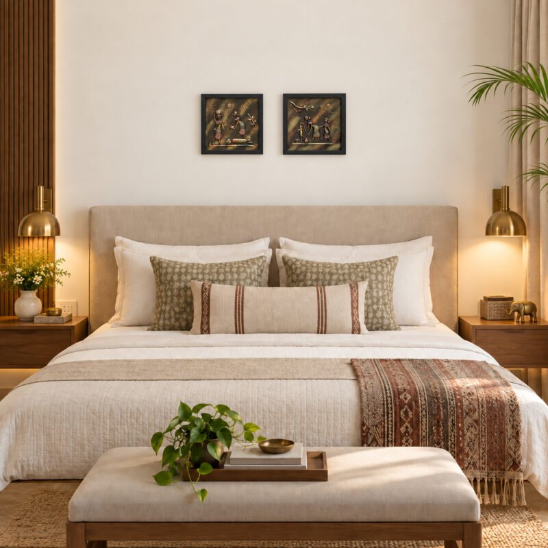 Tribal farming 3D clay wall art set of two displayed above a bedroom headboard