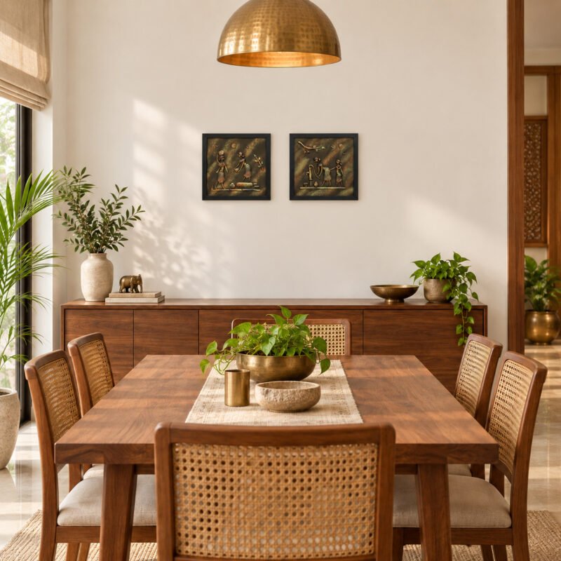 Tribal farming 3D clay wall art set of two displayed in a dining room