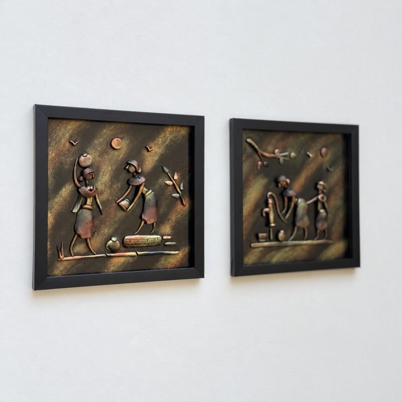 Angled close-up of tribal farming 3D clay wall art set showing raised relief details