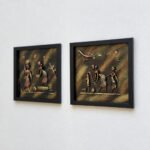 Close side view of tribal farming 3D clay wall art set in matte black frames