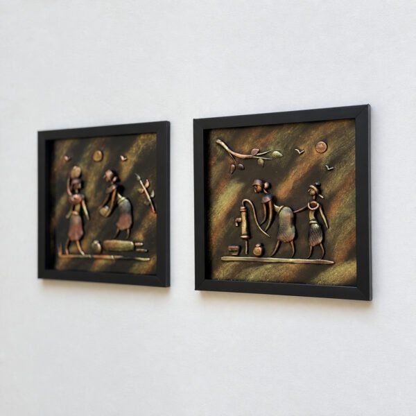 Close side view of tribal farming 3D clay wall art set in matte black frames